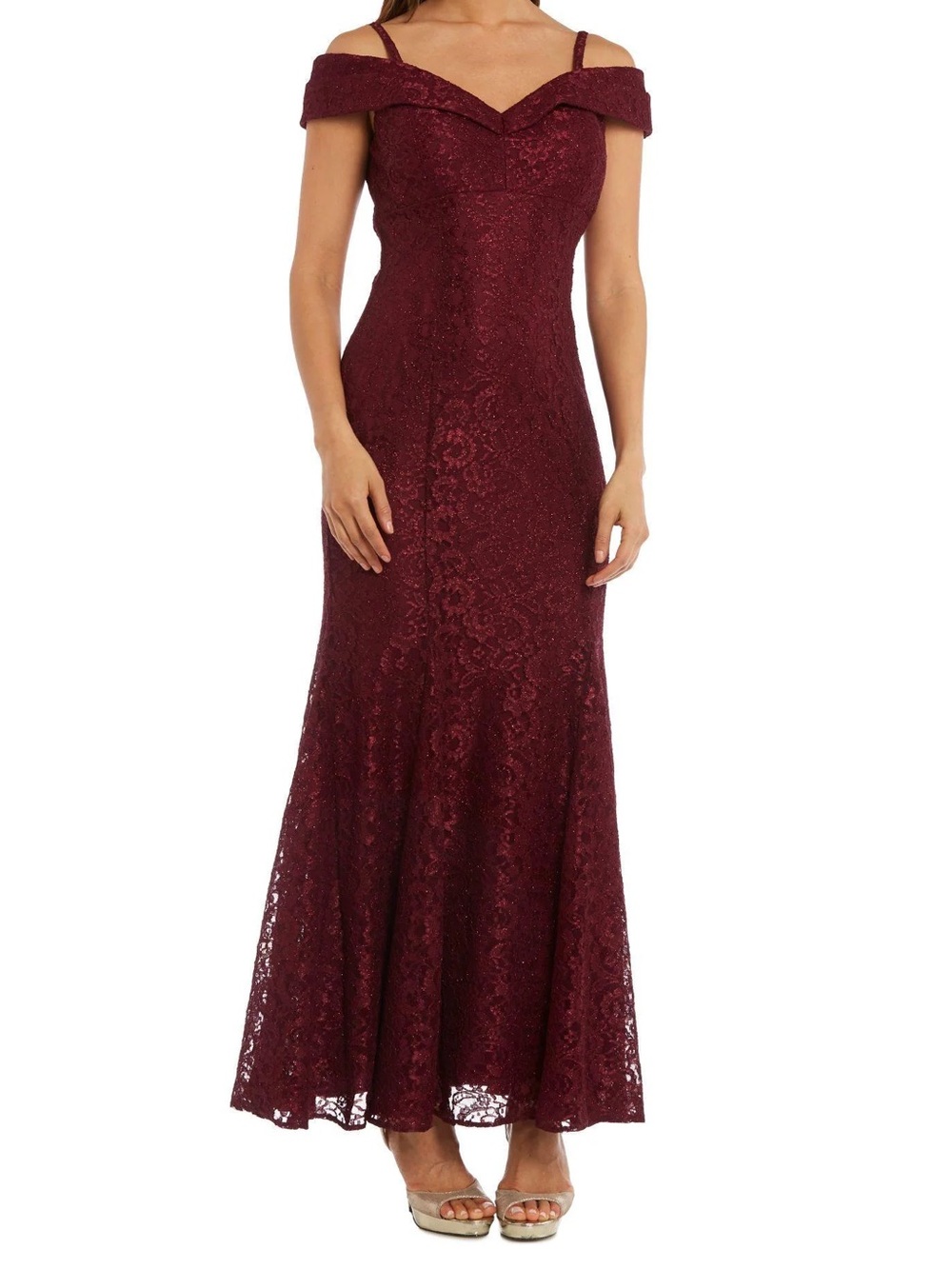 R&M Richards Off-Shoulder Lace Maxi Dress in Wine